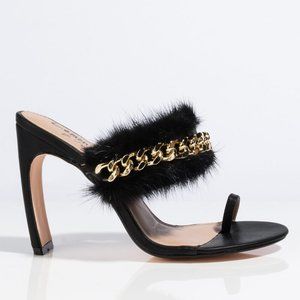 Black Feathered Mule with Gold Chain Detail